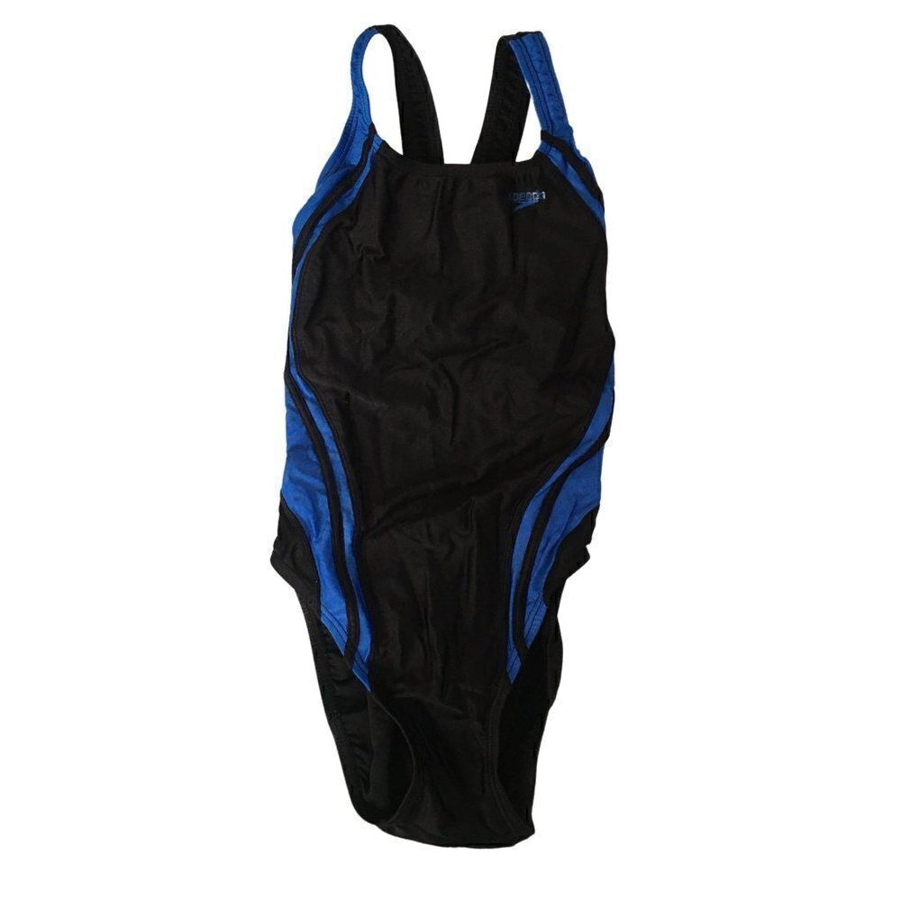 Speedo young girls bathing suit in black with blue stripes